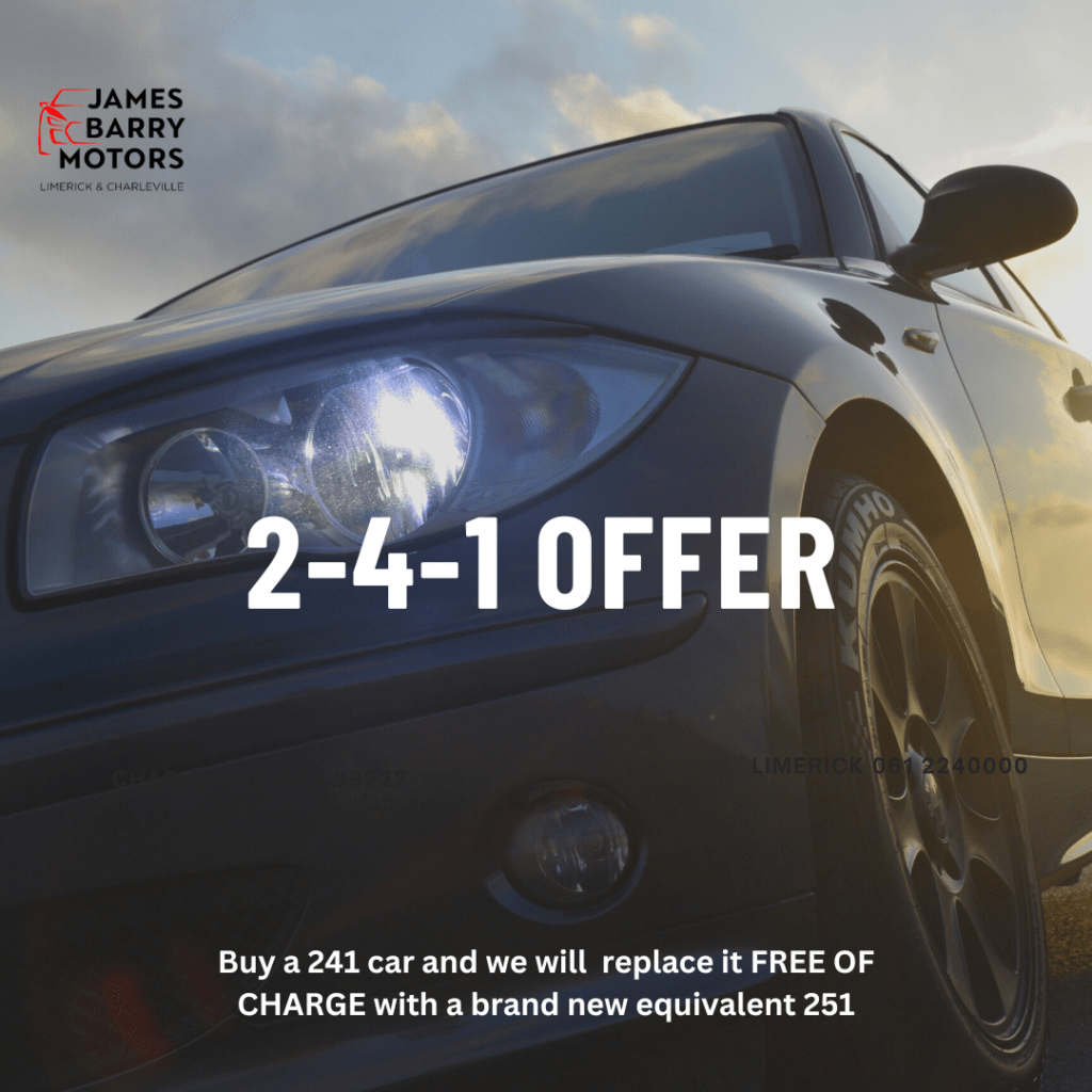 James Barry Motors – where you can get 2 cars for 1 price! Simply buy a new car for 241 – and then in 12 months time, swap it for a 251 new car … for free!